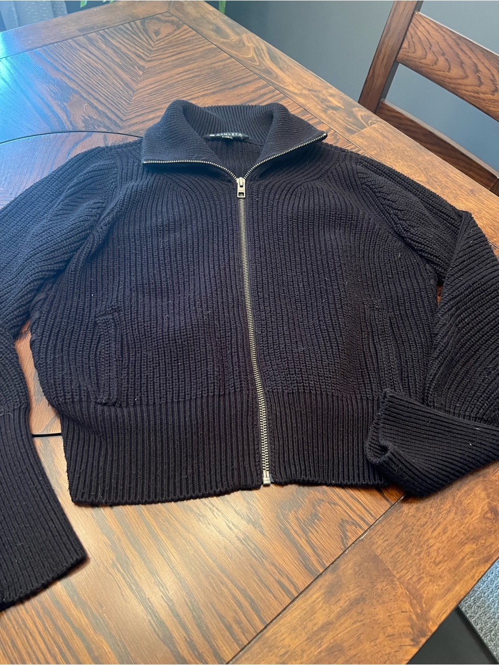 Athleta Women’s XS Black Solid Rib-Knit Full Zip High Neck Sweater # 698